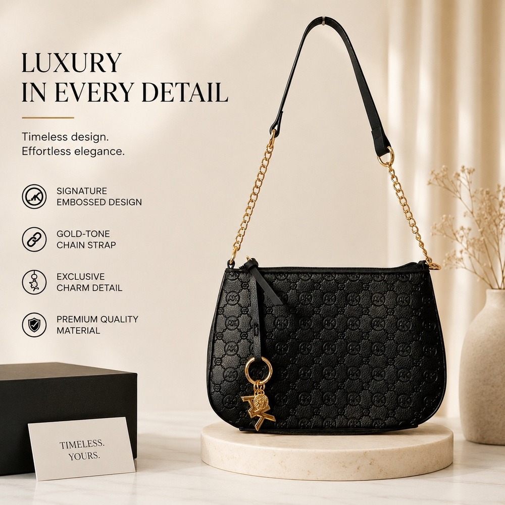 Anne Klein Black Embossed Logo Shoulder Bag Gold Chain Strap Lion Charm NEW